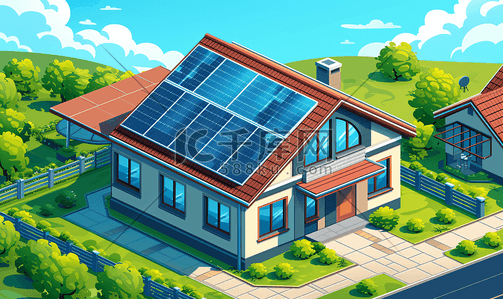 新能源电池插画图片_屋顶上的光伏太阳能