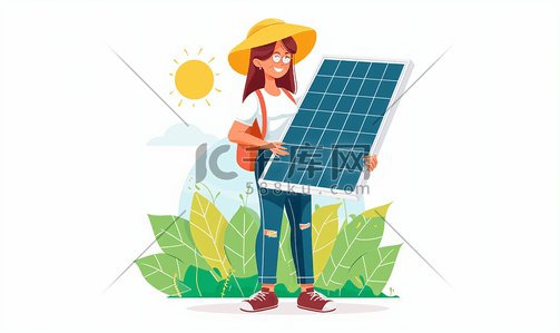 环保教育插画图片_手拿太阳能发电板的女老师
