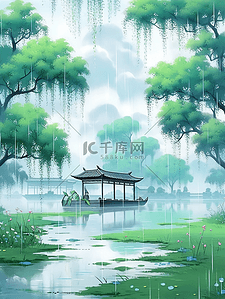 雨水插画图片_清明节绿色水面雨水节气插画