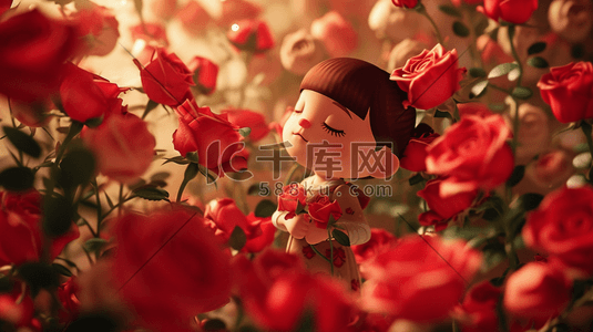 手绘简约女孩插画图片_手绘简约女孩在红色花朵花园里的插画12