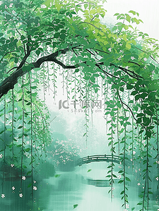 清明节绿色水面柳树雨水节气插画