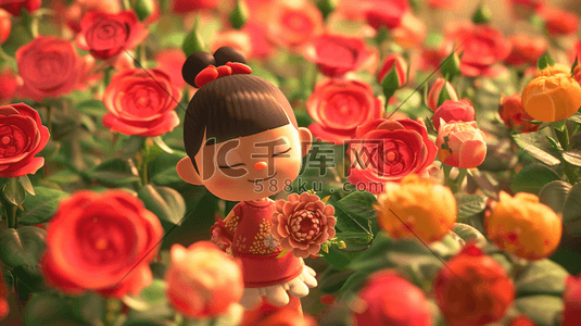 手绘简约女孩插画图片_手绘简约女孩在红色花朵花园里的插画14