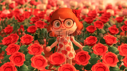 手绘简约女孩插画图片_手绘简约女孩在红色花朵花园里的插画10