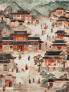 繁华插画图片_中式古代街道繁华平铺壁画的插画7