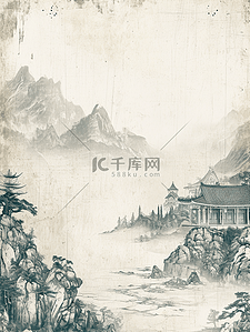 国画艺术黑白色山水风景插画12