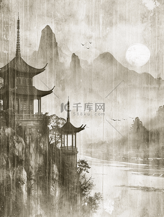 国画艺术黑白色山水风景插画10