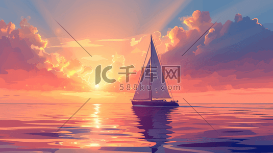 几何蓝天插画图片_海洋里行驶的帆船插画6