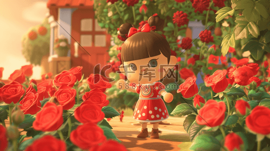手绘简约女孩在红色花朵花园里的插画2
