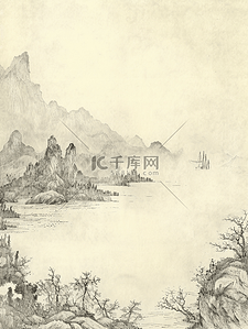 黑白插画图片_国画艺术黑白色山水风景插画5