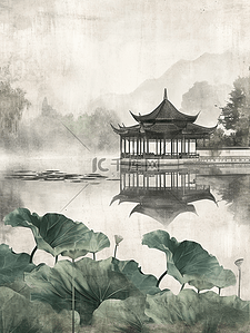简约中式国画山水风景荷花的插画5