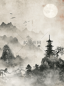 中国中式国画艺术山水风景插画2