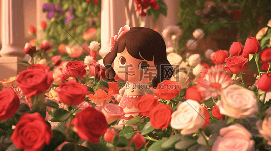 手绘简约女孩插画图片_手绘简约女孩在红色花朵花园里的插画15