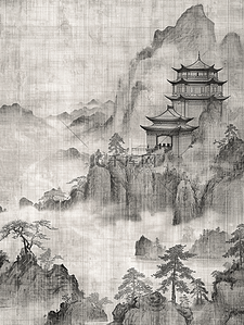 国画艺术黑白色山水风景插画11