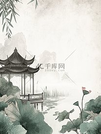 简约中式国画山水风景荷花的插画17