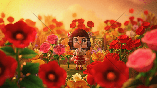手绘简约女孩插画图片_手绘简约女孩在红色花朵花园里的插画4