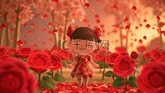 手绘简约女孩插画图片_手绘简约女孩在红色花朵花园里的插画3