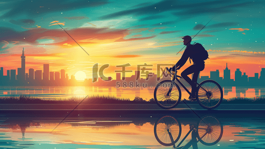 骑自行车的插画图片_简约扁平化夕阳下人们骑自行车的插画13