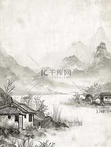 国画艺术黑白色山水风景插画8