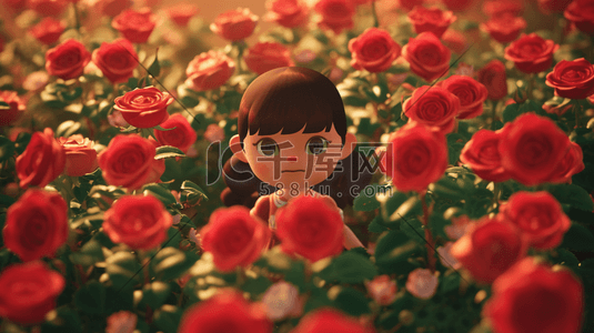 手绘简约女孩插画图片_手绘简约女孩在红色花朵花园里的插画5