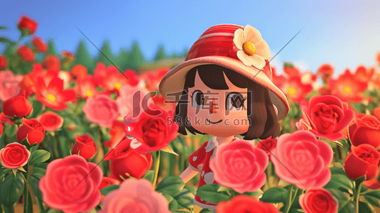 手绘简约女孩在红色花朵花园里的插画9