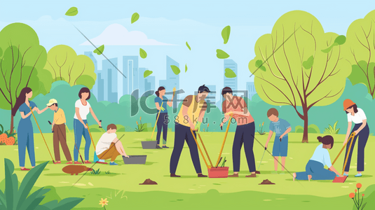 人们挥手插画图片_彩色扁平化人们公园植树的插画3