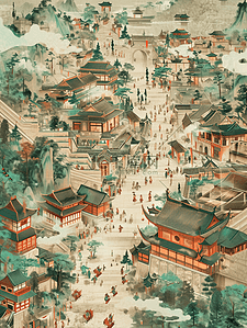 中式古代街道繁华平铺壁画的插画14