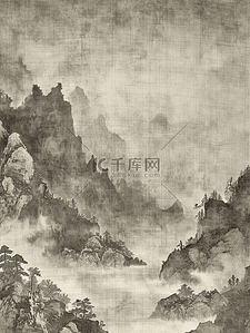 国画艺术黑白色山水风景插画9