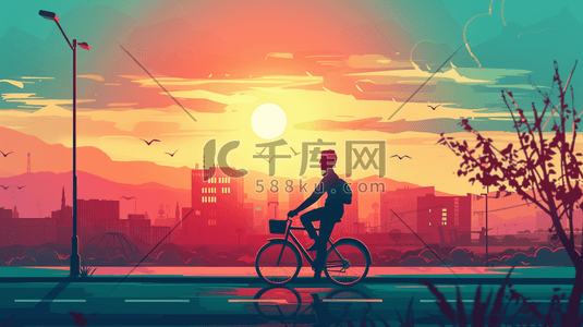 骑自行车的插画图片_简约扁平化夕阳下人们骑自行车的插画1