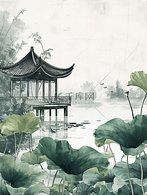 简约中式国画山水风景荷花的插画11