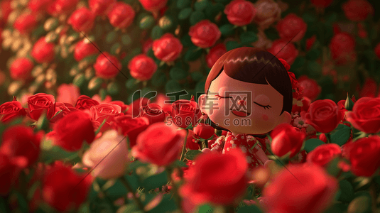 手绘简约女孩在红色花朵花园里的插画11