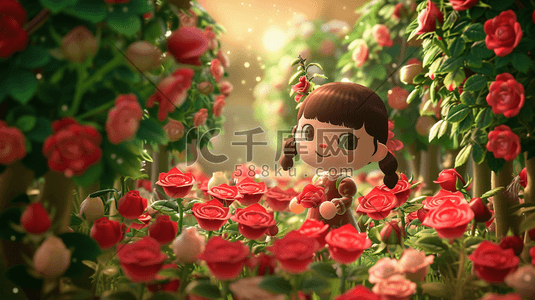手绘简约女孩在红色花朵花园里的插画16