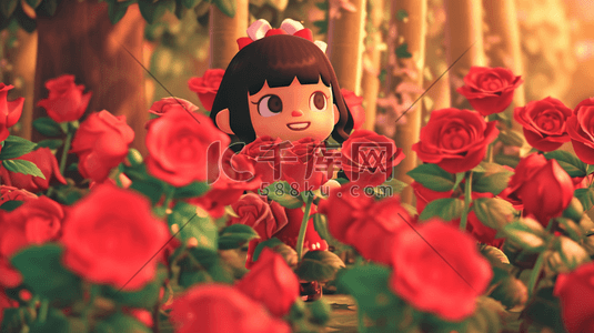 手绘简约女孩在红色花朵花园里的插画1