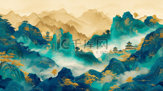 西洋壁画插画图片_中式国风壁画山水风景的背景11插画图片