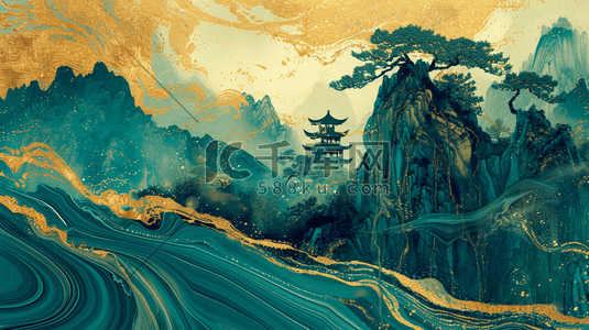 中式设计插画图片_中式国风壁画山水风景的背景12插画素材
