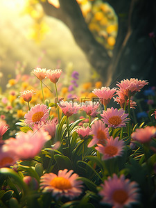 粉色的花朵插画图片_春天公园的花朵春分插画素材