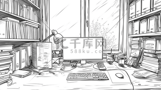 黑白色素描简约书房书桌电脑用品插画13