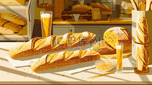 咖啡加工烘焙插画图片_美味面包早餐店烘焙文化插画海报