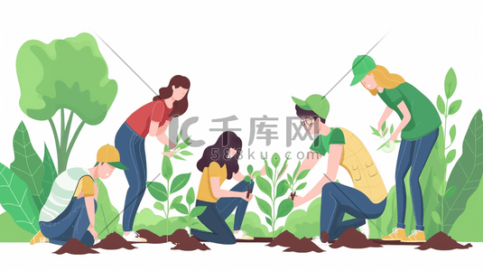 植树节展板插画图片_扁平化春天户外人们植树节植树的插画7