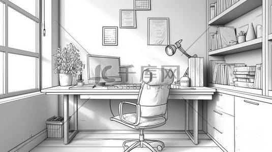 黑白色素描简约书房书桌电脑用品插画16