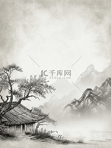 黑白插画图片_国画艺术黑白色山水风景插画17