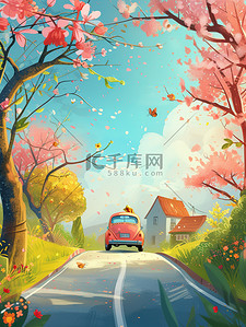 春分春分海报插画图片_春天在路上一辆车插画海报