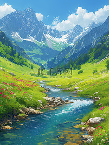 溪流插画图片_田野鲜花溪流乡村风光插画素材