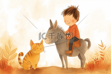 动物旅行插画图片_春天可爱男孩动物旅行卡通手绘插画