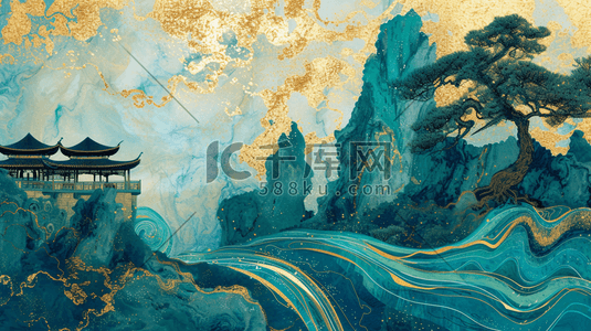中式国风壁画山水风景的背景6图片