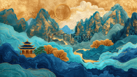 中式国风壁画山水风景的背景7插画素材
