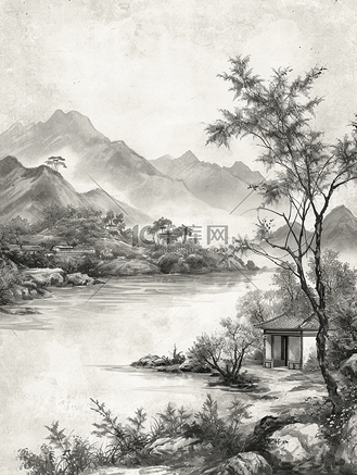 国画艺术黑白色山水风景插画18