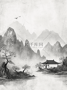 国画艺术黑白色山水风景插画16