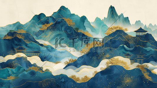 中式国风壁画山水风景的背景18矢量插画