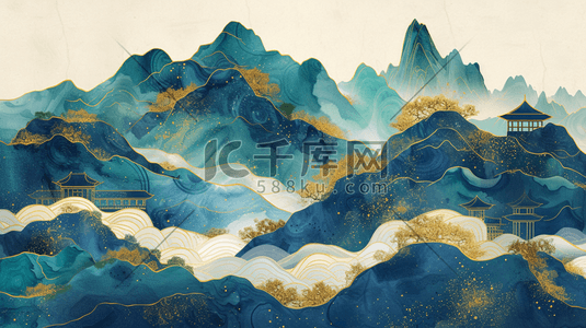 风景的背景插画图片_中式国风壁画山水风景的背景18矢量插画