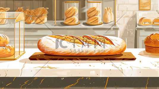 烘焙牛角包插画图片_美味面包早餐店烘焙文化插图